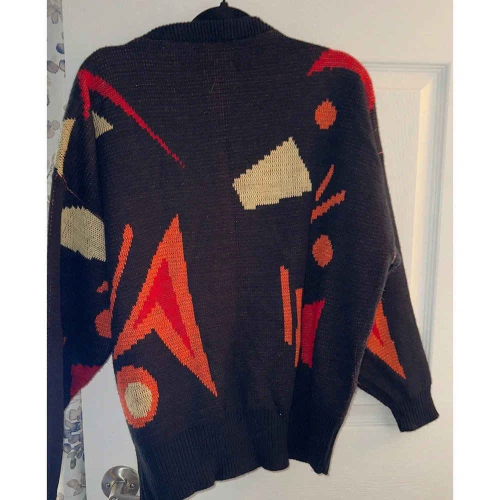 Vintage Luce Italy Abstract Geometric Lurex Knit Sweater Black Red Medium 290 - Picture 8 of 9
